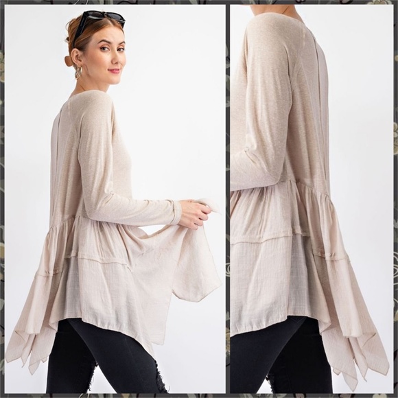 EASEL Long Sleeved Asymmetrical Ruffled Hem Lightweight Tunic Top - Picture 4 of 14
